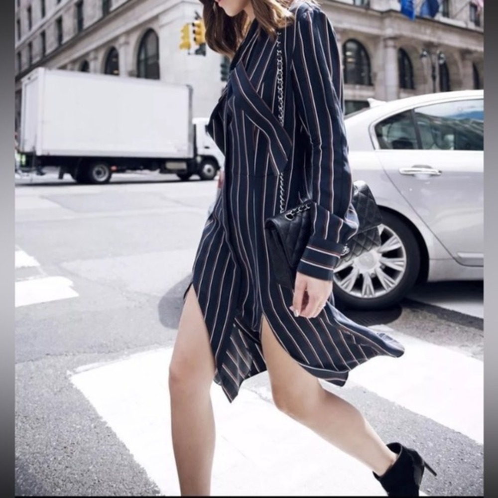 Frame shirt dress XS‎ Preppy striped dress silk navy blue Le Bow Tie Career